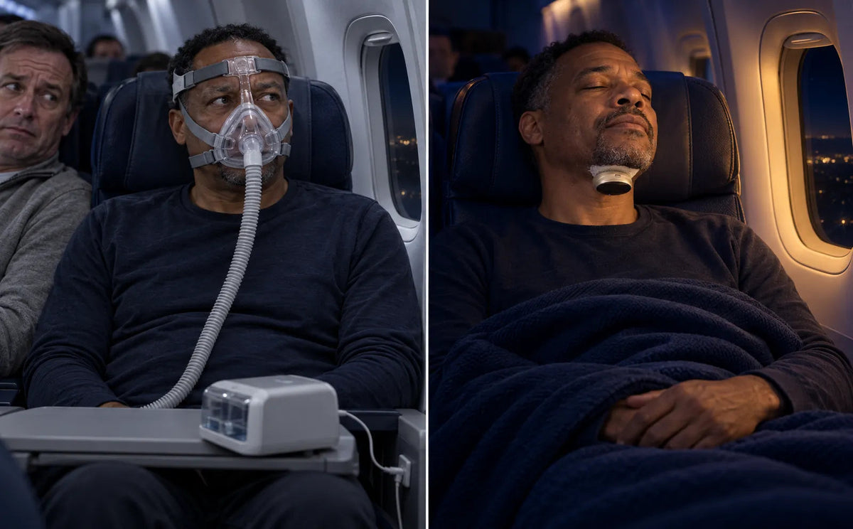 Sur un vol de nuit : le même homme avec un masque CPAP, puis endormi avec Respivea sous le menton