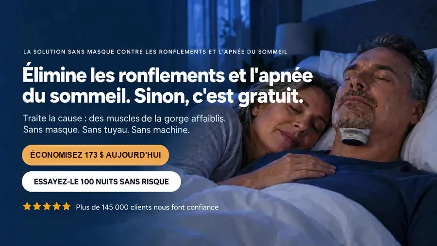 Un couple qui dort paisiblement, l'homme portant le petit appareil Respivea sous le menton