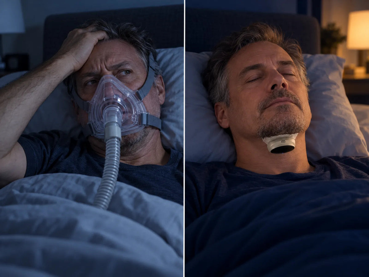 À gauche : un homme éveillé avec un masque CPAP intégral. À droite : le même homme endormi avec Respivea, sans masque