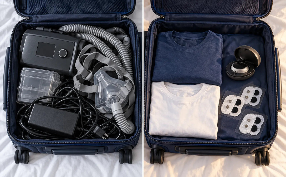 Le même bagage à main deux fois : l'un rempli d'une appareil CPAP, d'un tuyau et d'un masque ; l'autre presque vide avec juste le petit étui Respivea et quelques patchs